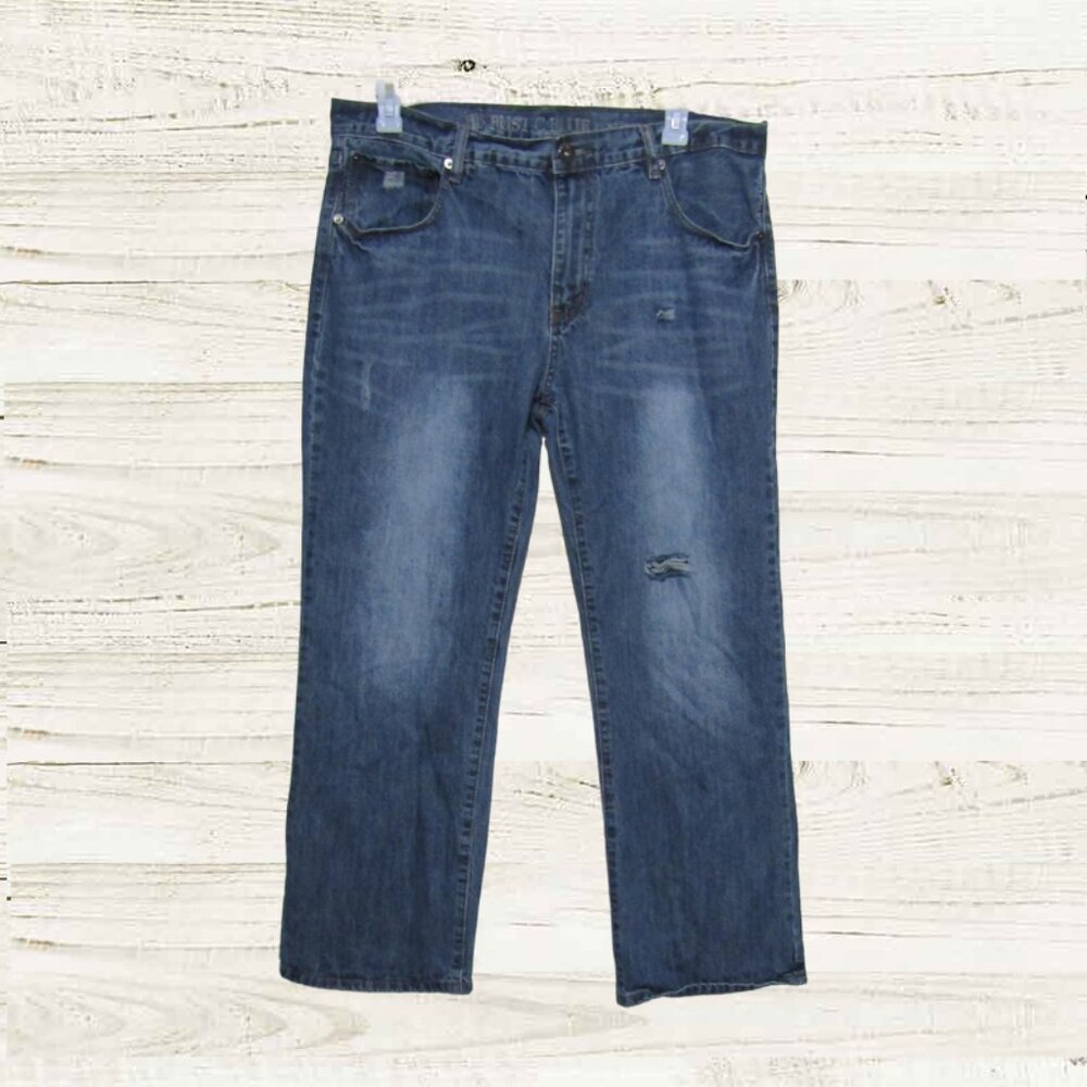Rustic Blue.Sz 38x30 Mens jeans distressed dk blue denim boot cut